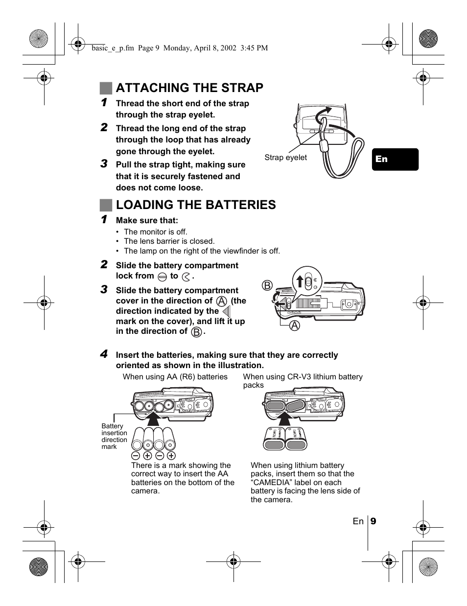 Jattaching the strap, Jloading the batteries | Olympus C-300 Zoom  EN User Manual | Page 9 / 172