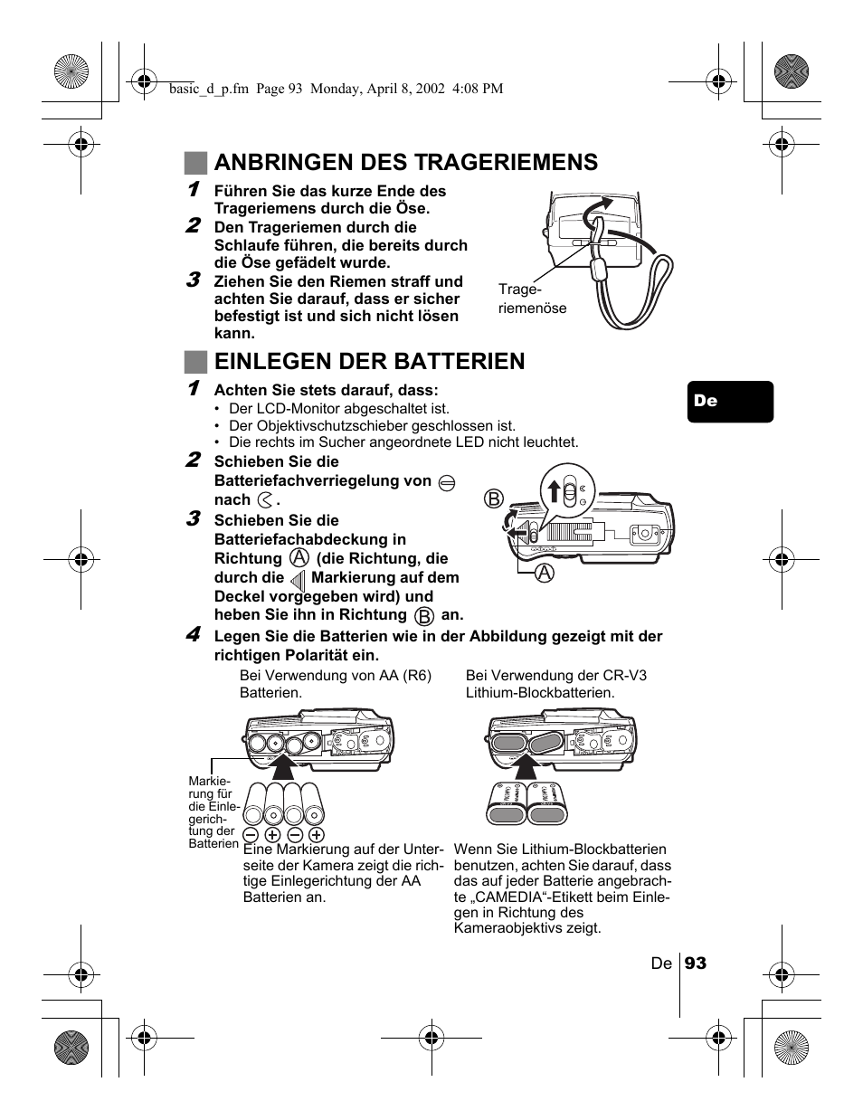 Janbringen des trageriemens, Jeinlegen der batterien | Olympus C-300 Zoom  EN User Manual | Page 93 / 172