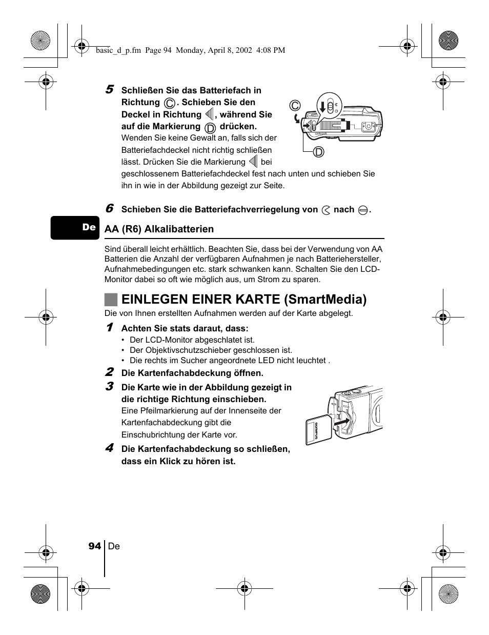 Jeinlegen einer karte (smartmedia) | Olympus C-300 Zoom  EN User Manual | Page 94 / 172