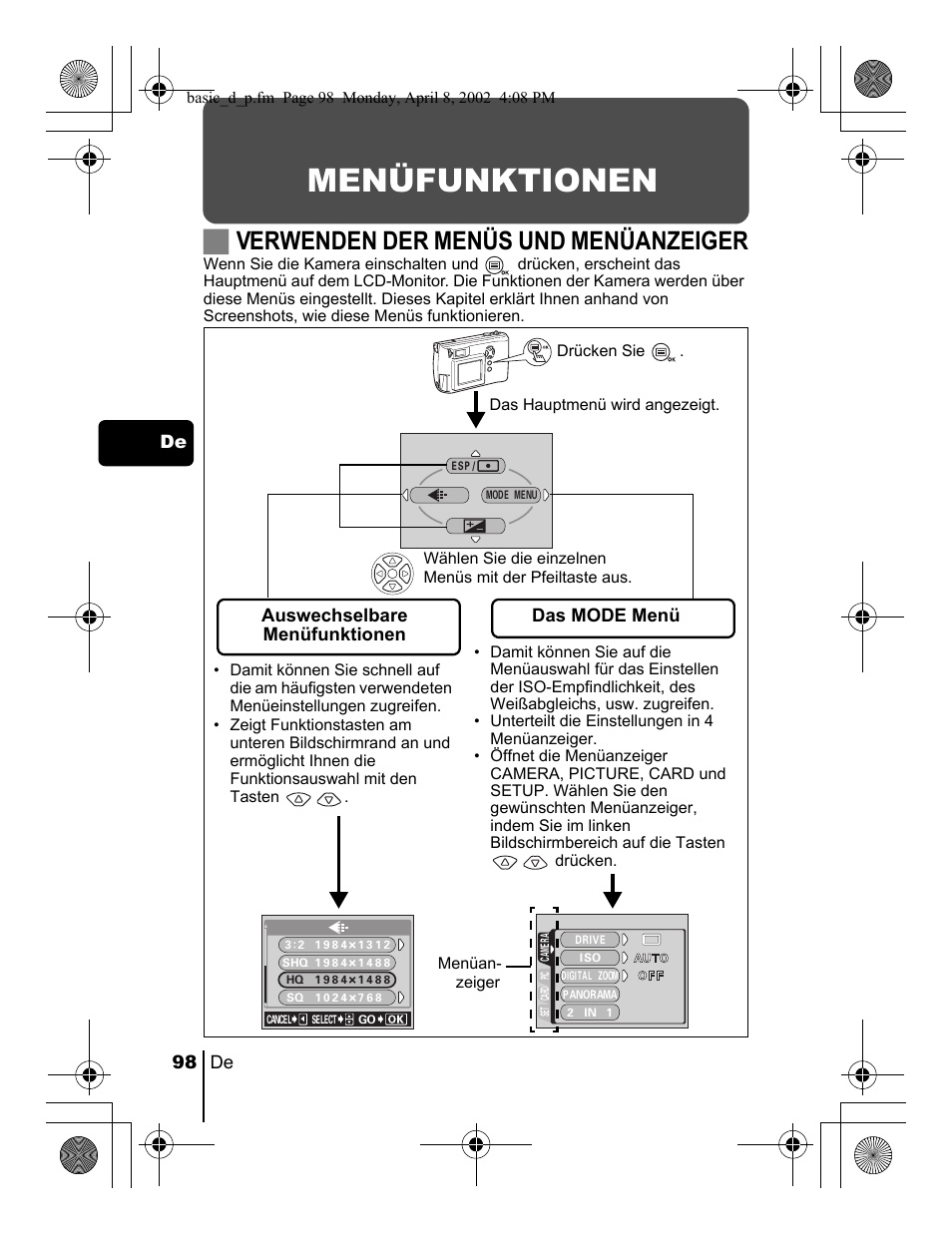 Menüfunktionen, Jverwenden der menüs und menüanzeiger | Olympus C-300 Zoom  EN User Manual | Page 98 / 172