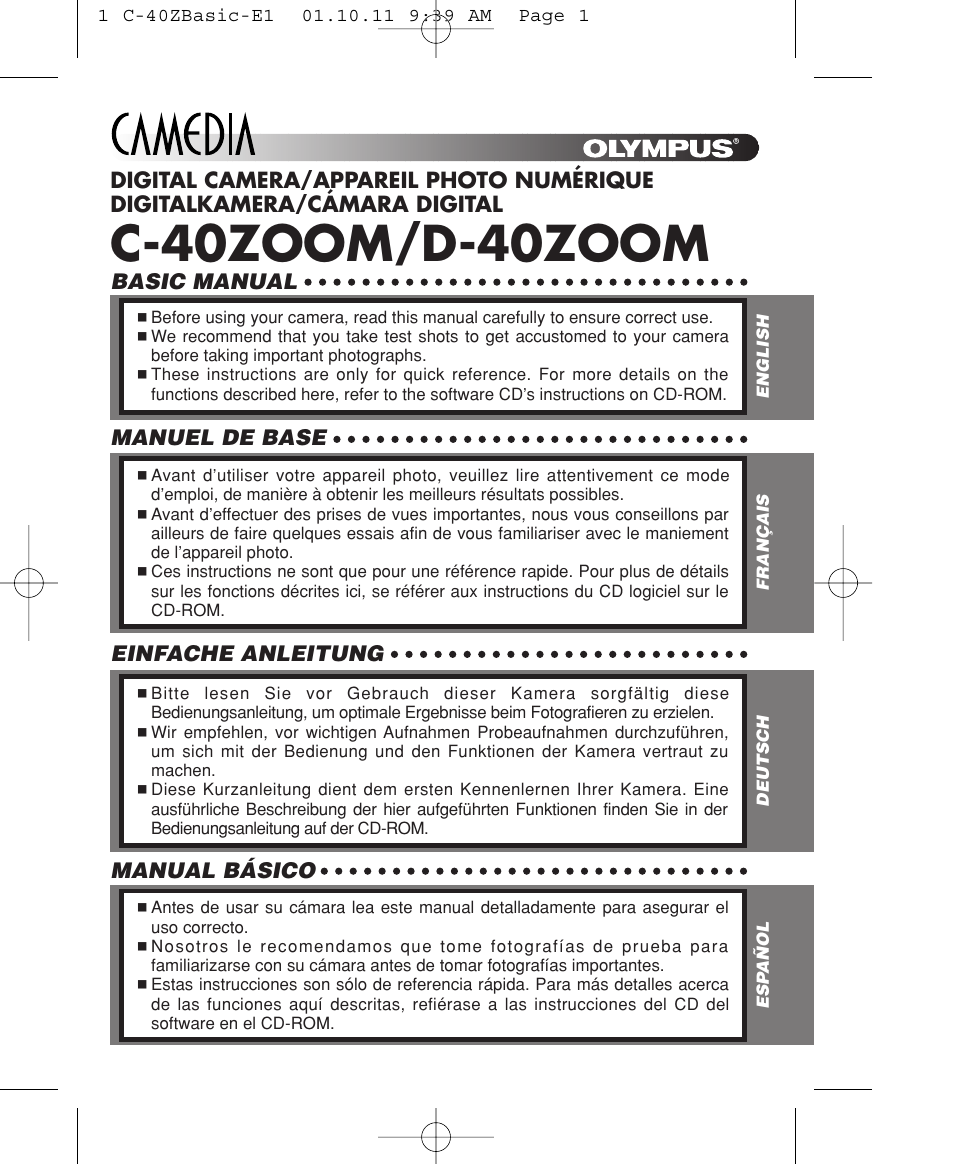 Olympus CAMEDIA C-40 ZOOM User Manual | 180 pages