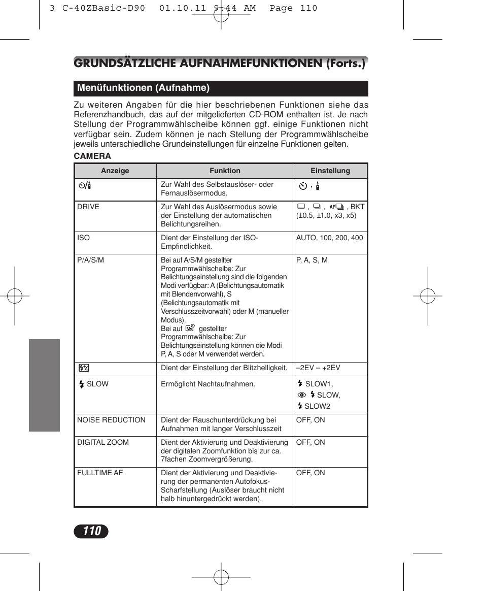 Grundsätzliche aufnahmefunktionen (forts.), Menüfunktionen (aufnahme) | Olympus CAMEDIA C-40 ZOOM User Manual | Page 110 / 180