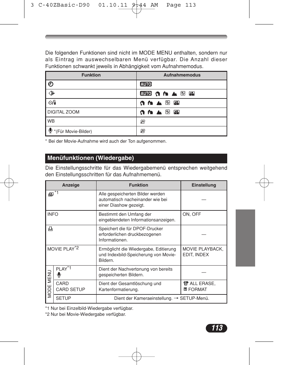 Menüfunktionen (wiedergabe) | Olympus CAMEDIA C-40 ZOOM User Manual | Page 113 / 180