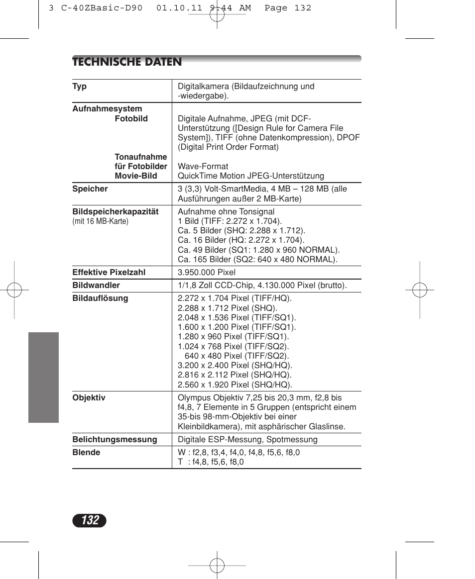 Technische daten | Olympus CAMEDIA C-40 ZOOM User Manual | Page 132 / 180