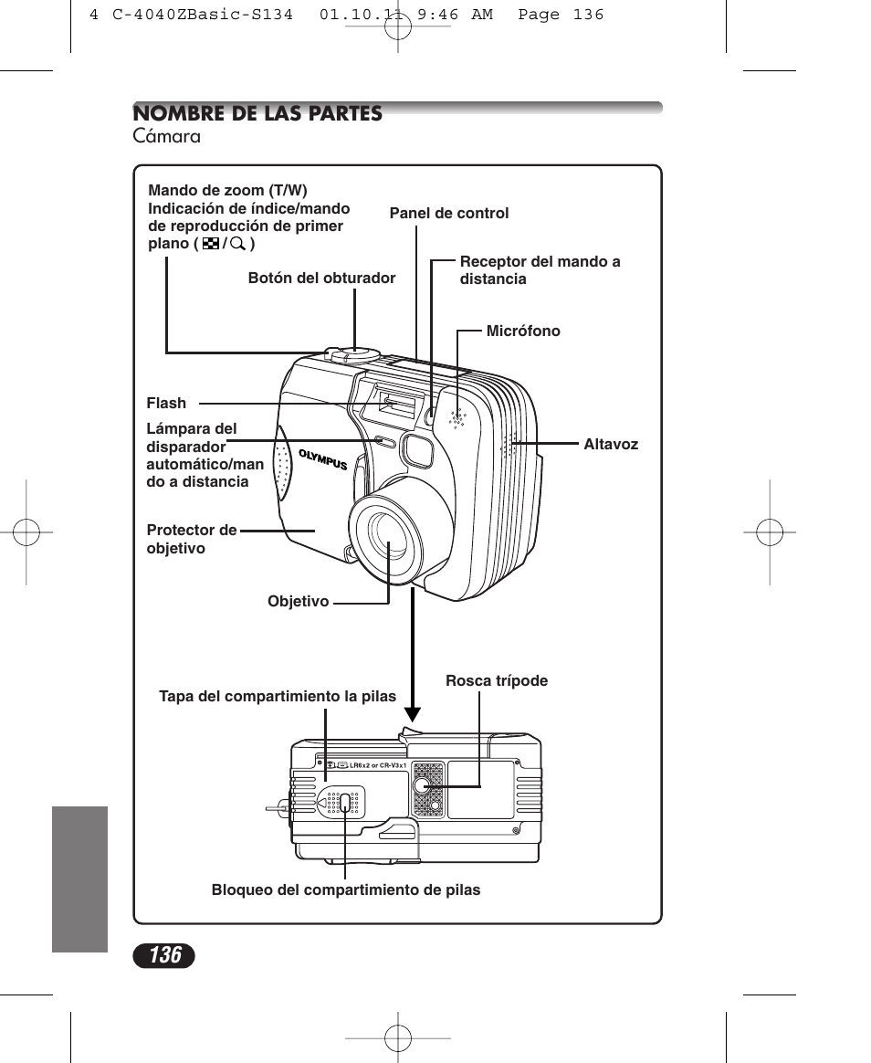 Nombre de las partes cámara | Olympus CAMEDIA C-40 ZOOM User Manual | Page 136 / 180