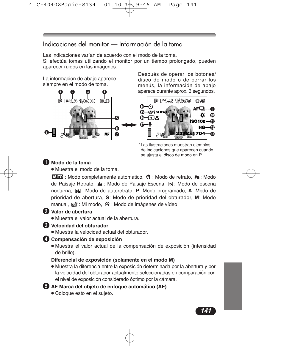 Indicaciones del monitor — información de la toma | Olympus CAMEDIA C-40 ZOOM User Manual | Page 141 / 180