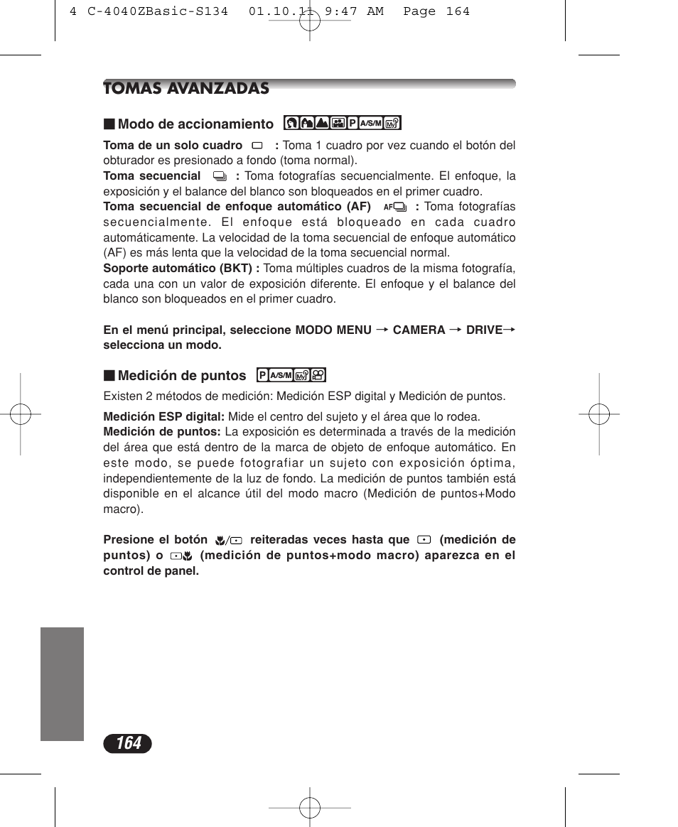 Tomas avanzadas | Olympus CAMEDIA C-40 ZOOM User Manual | Page 164 / 180