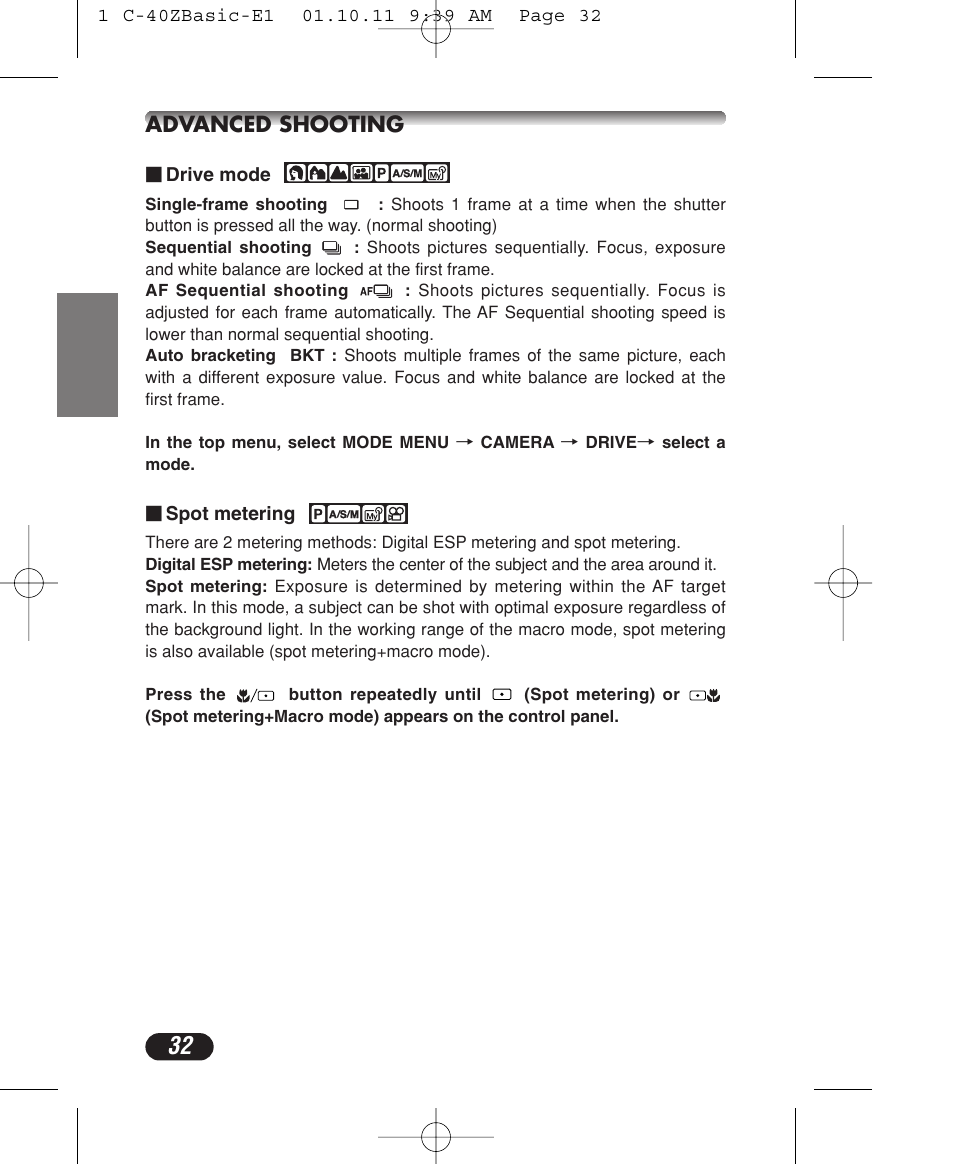 Advanced shooting | Olympus CAMEDIA C-40 ZOOM User Manual | Page 32 / 180