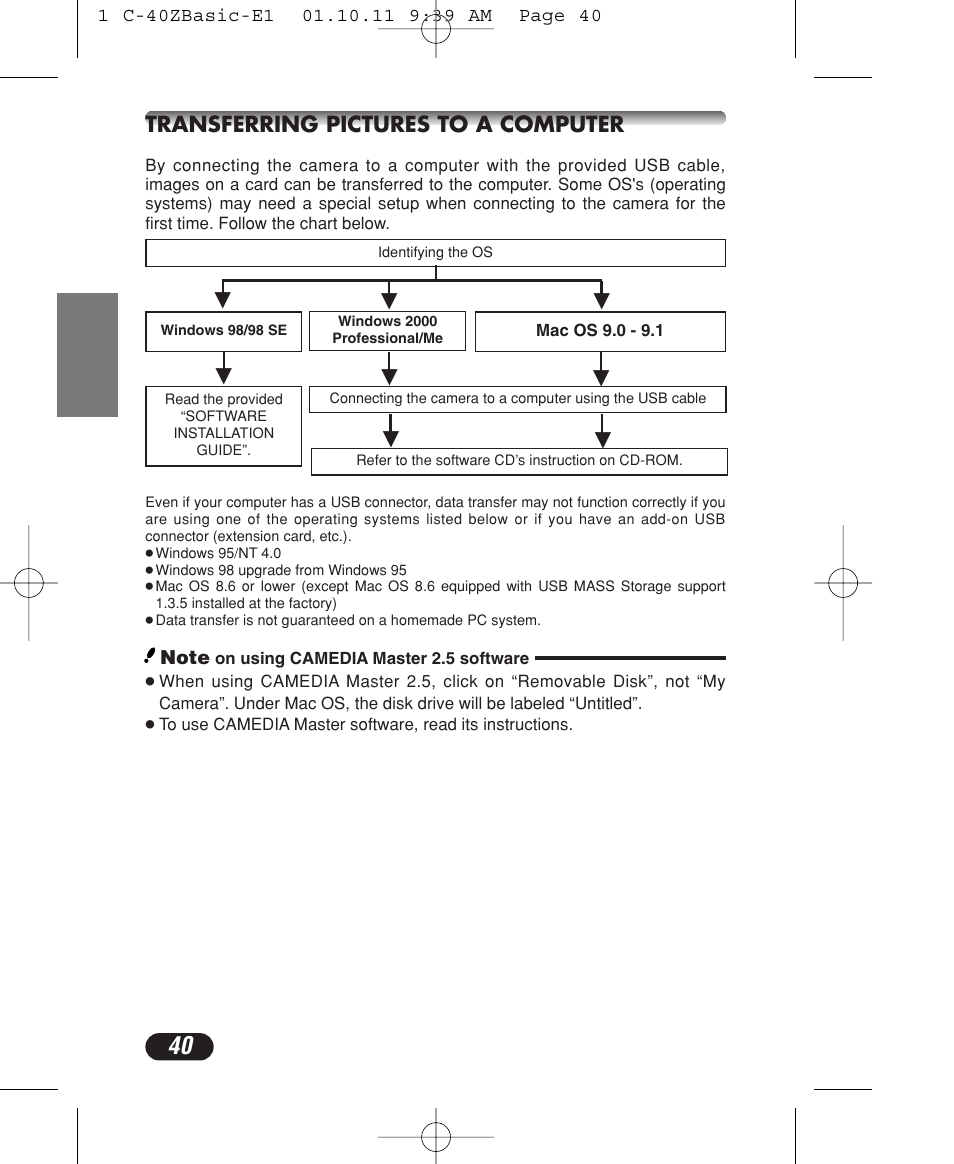 Transferring pictures to a computer | Olympus CAMEDIA C-40 ZOOM User Manual | Page 40 / 180