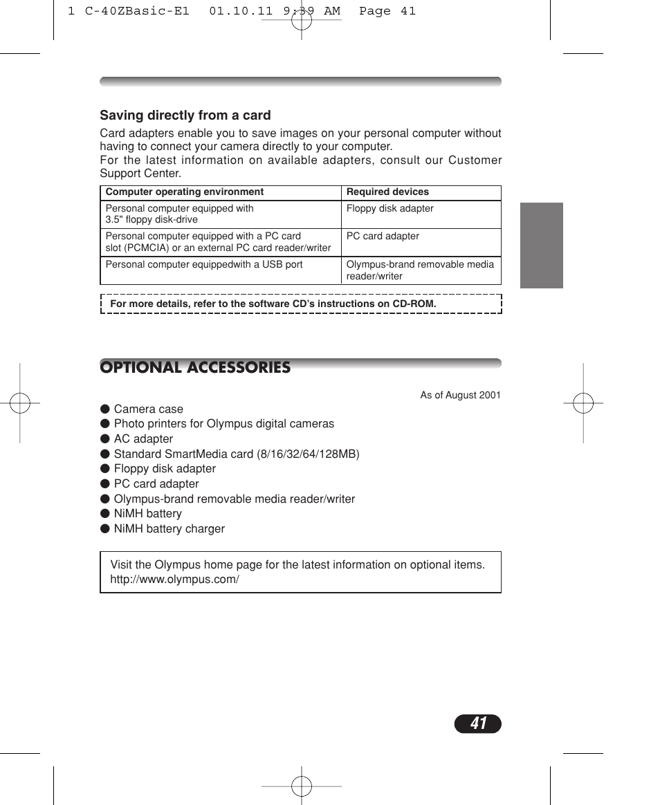 Optional accessories | Olympus CAMEDIA C-40 ZOOM User Manual | Page 41 / 180