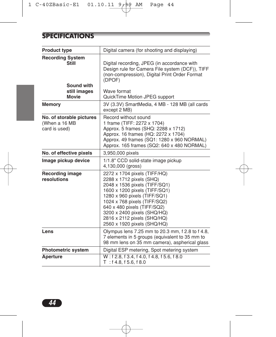 Specifications | Olympus CAMEDIA C-40 ZOOM User Manual | Page 44 / 180