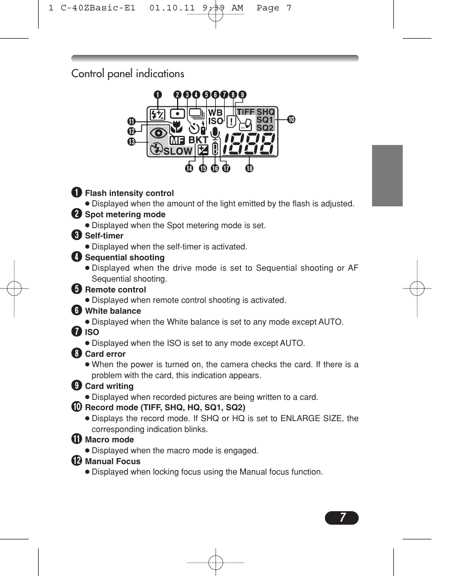 Control panel indications | Olympus CAMEDIA C-40 ZOOM User Manual | Page 7 / 180