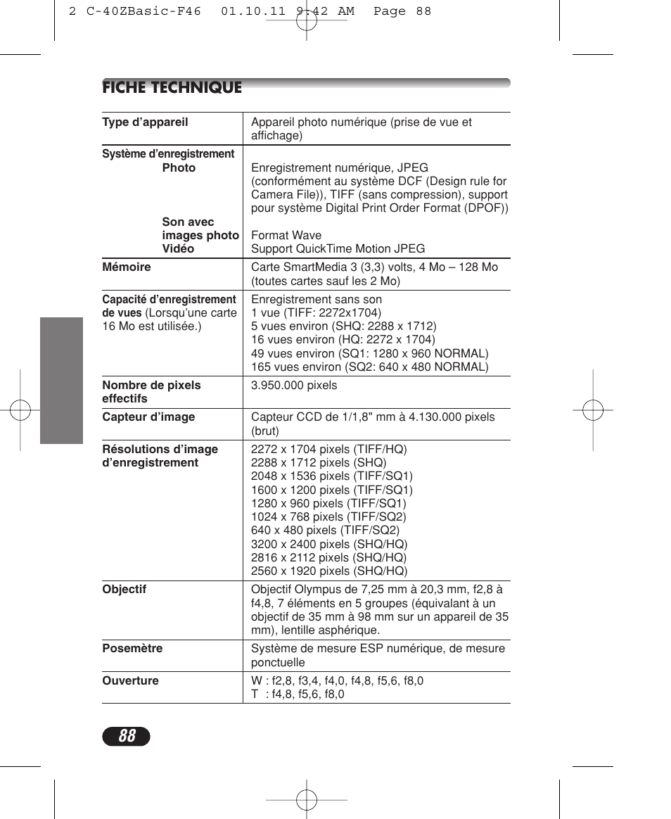 Fiche technique | Olympus CAMEDIA C-40 ZOOM User Manual | Page 88 / 180