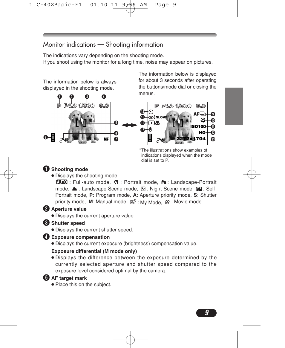 Monitor indications — shooting information | Olympus CAMEDIA C-40 ZOOM User Manual | Page 9 / 180