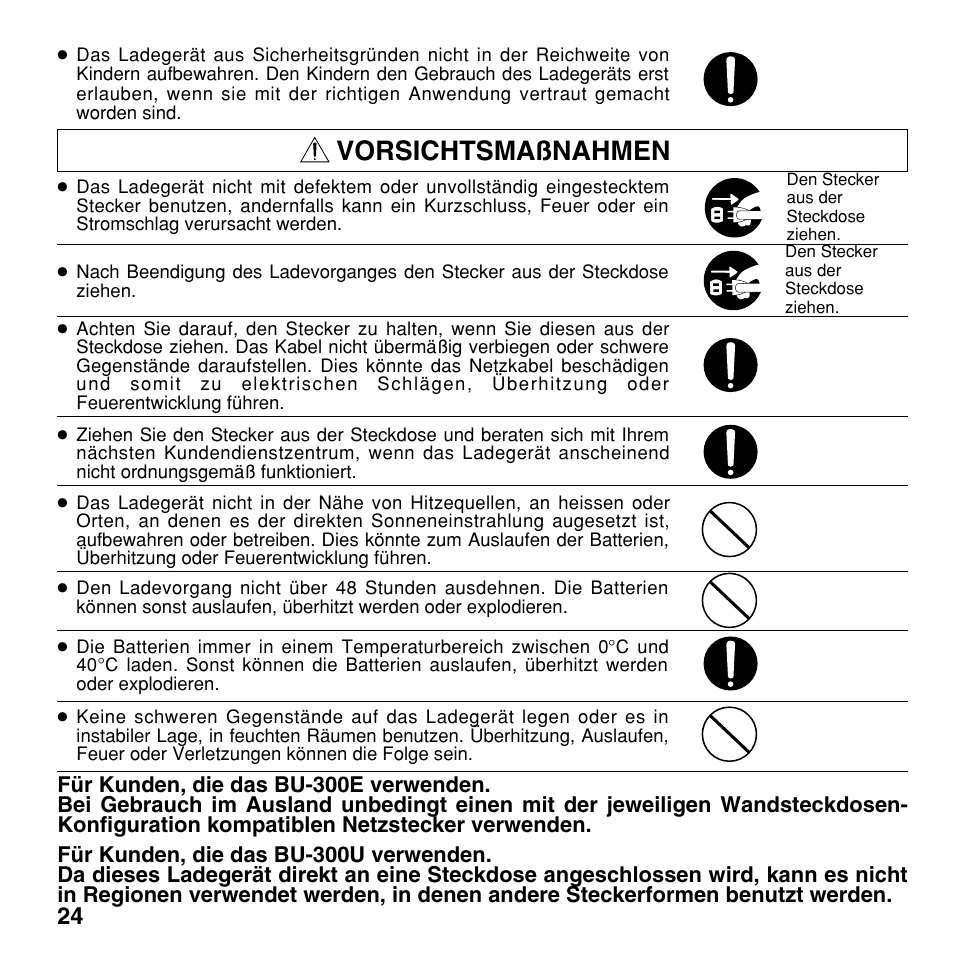 Vorsichtsmaßnahmen | Olympus BU-300 User Manual | Page 24 / 52