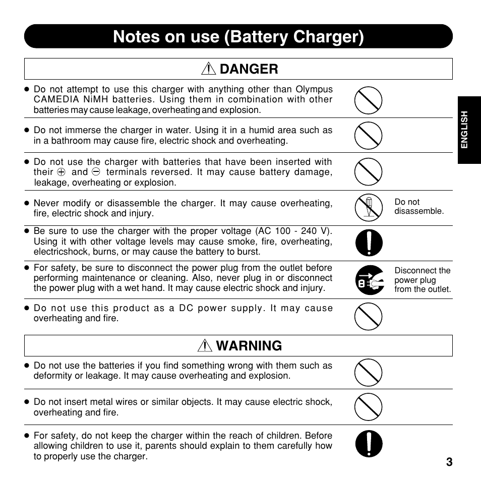 Danger, Warning | Olympus BU-300 User Manual | Page 3 / 52