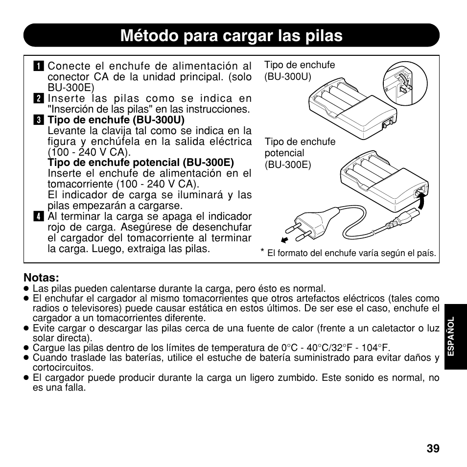 Método para cargar las pilas | Olympus BU-300 User Manual | Page 39 / 52