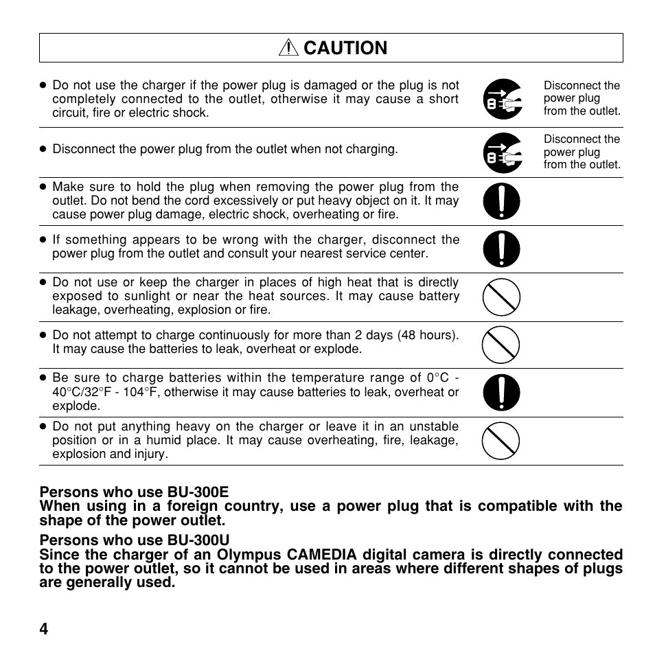 Caution | Olympus BU-300 User Manual | Page 4 / 52