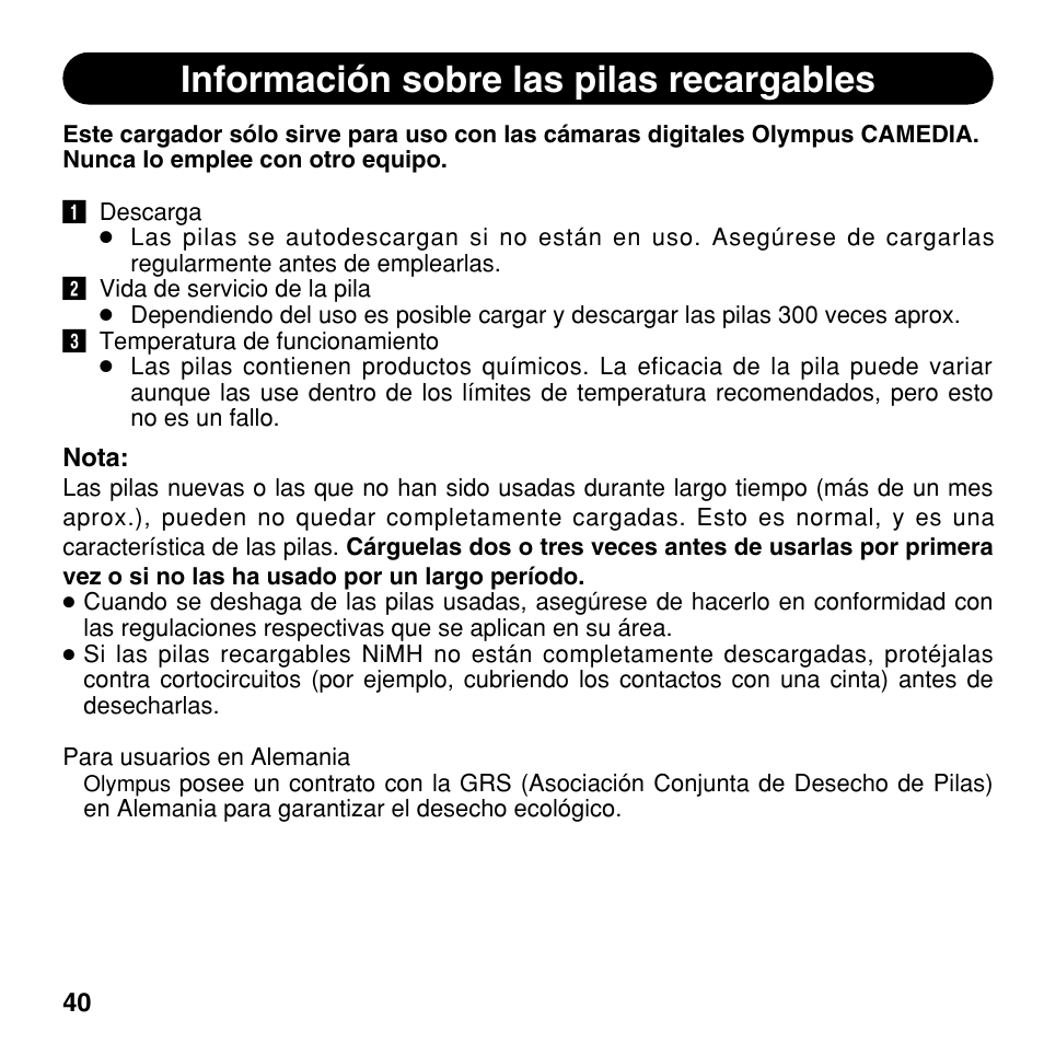 Información sobre las pilas recargables | Olympus BU-300 User Manual | Page 40 / 52