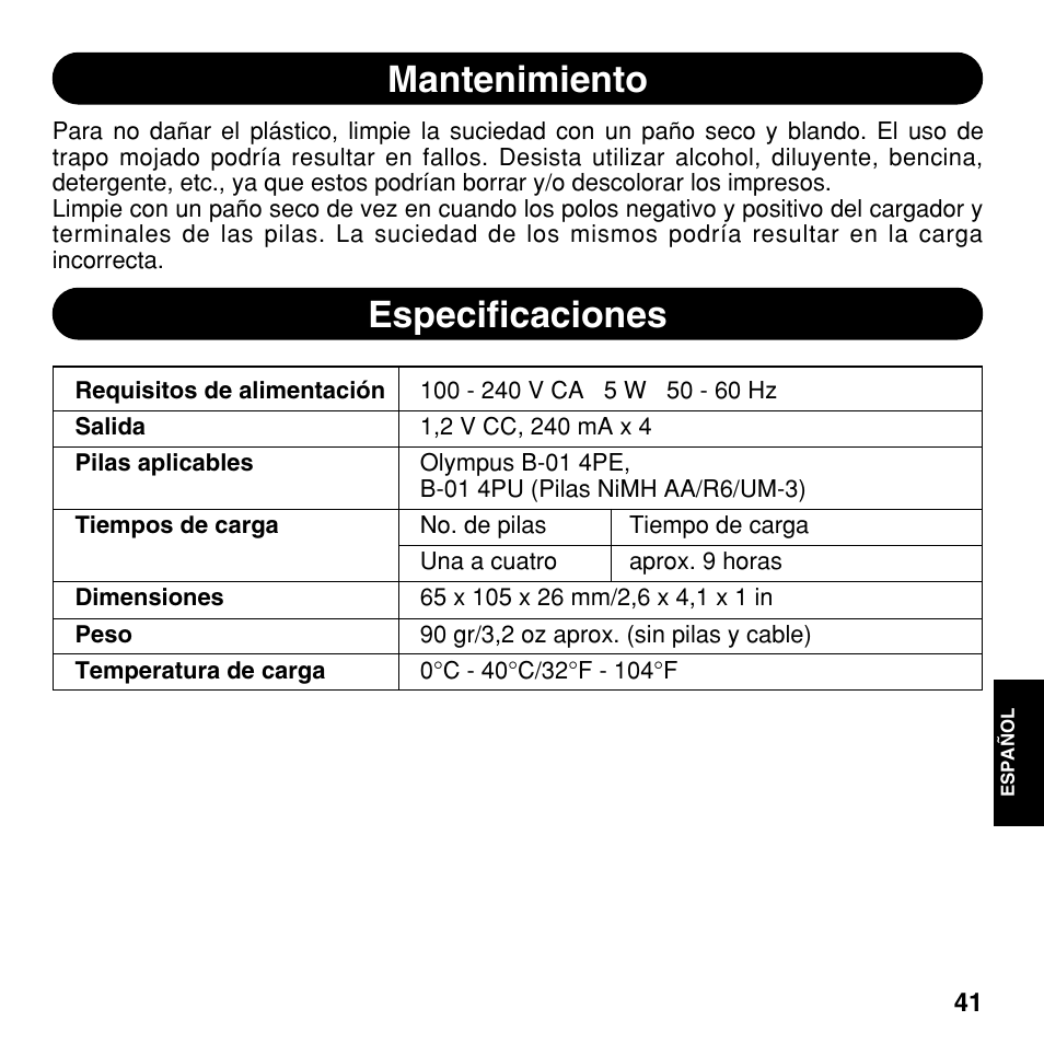 Mantenimiento, Especificaciones | Olympus BU-300 User Manual | Page 41 / 52