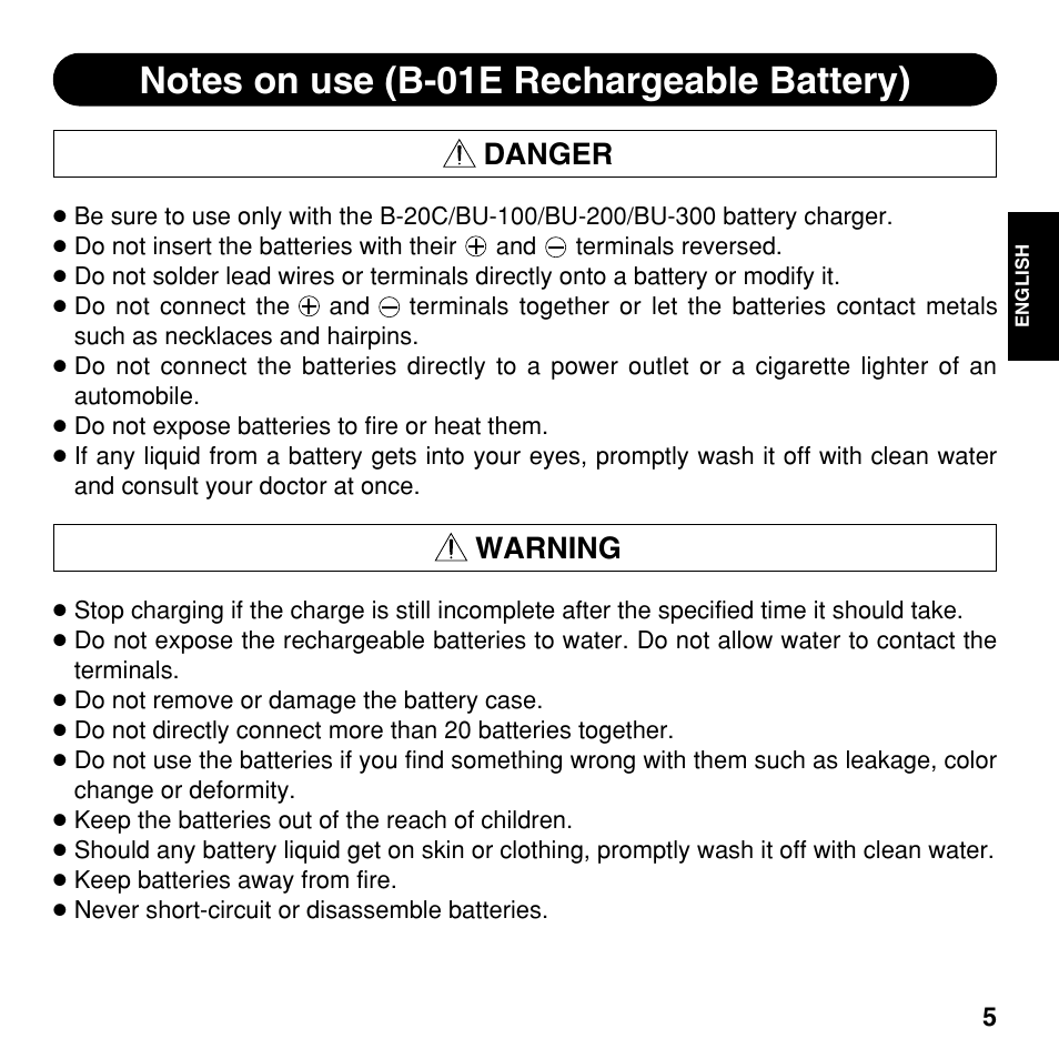 Danger, Warning | Olympus BU-300 User Manual | Page 5 / 52