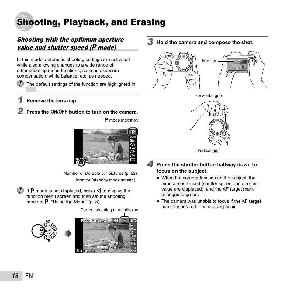 Shooting, playback, and erasing, 16 en | Olympus SP-810UZ User Manual | Page 16 / 77