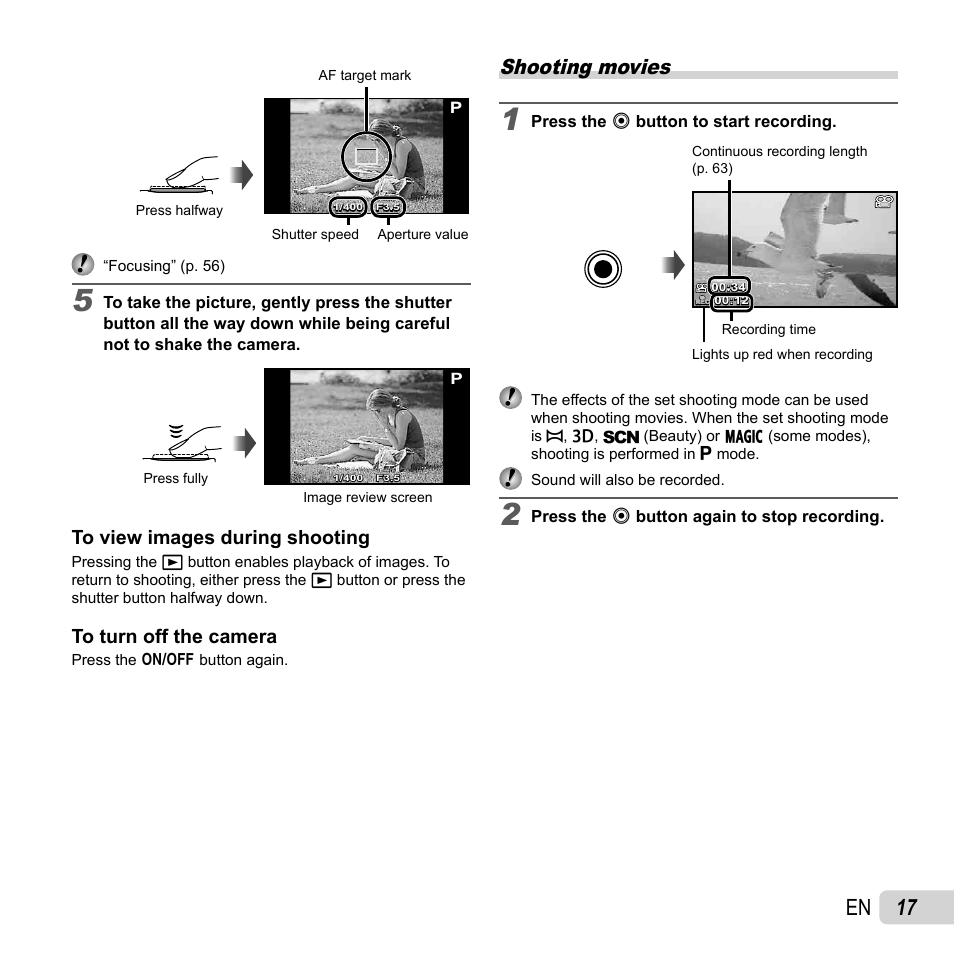 17 en, Shooting movies | Olympus SP-810UZ User Manual | Page 17 / 77