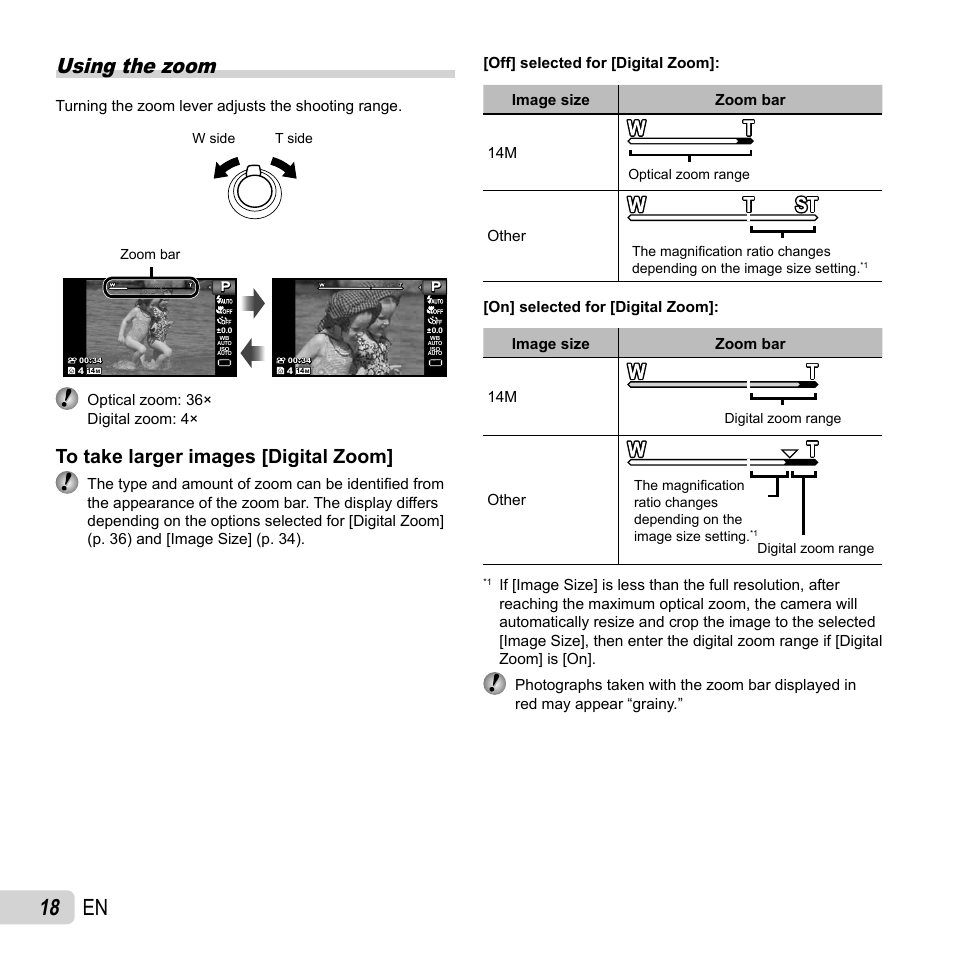 18 en, Using the zoom, Other | Turning the zoom lever adjusts the shooting range, Optical zoom: 36× digital zoom: 4 | Olympus SP-810UZ User Manual | Page 18 / 77