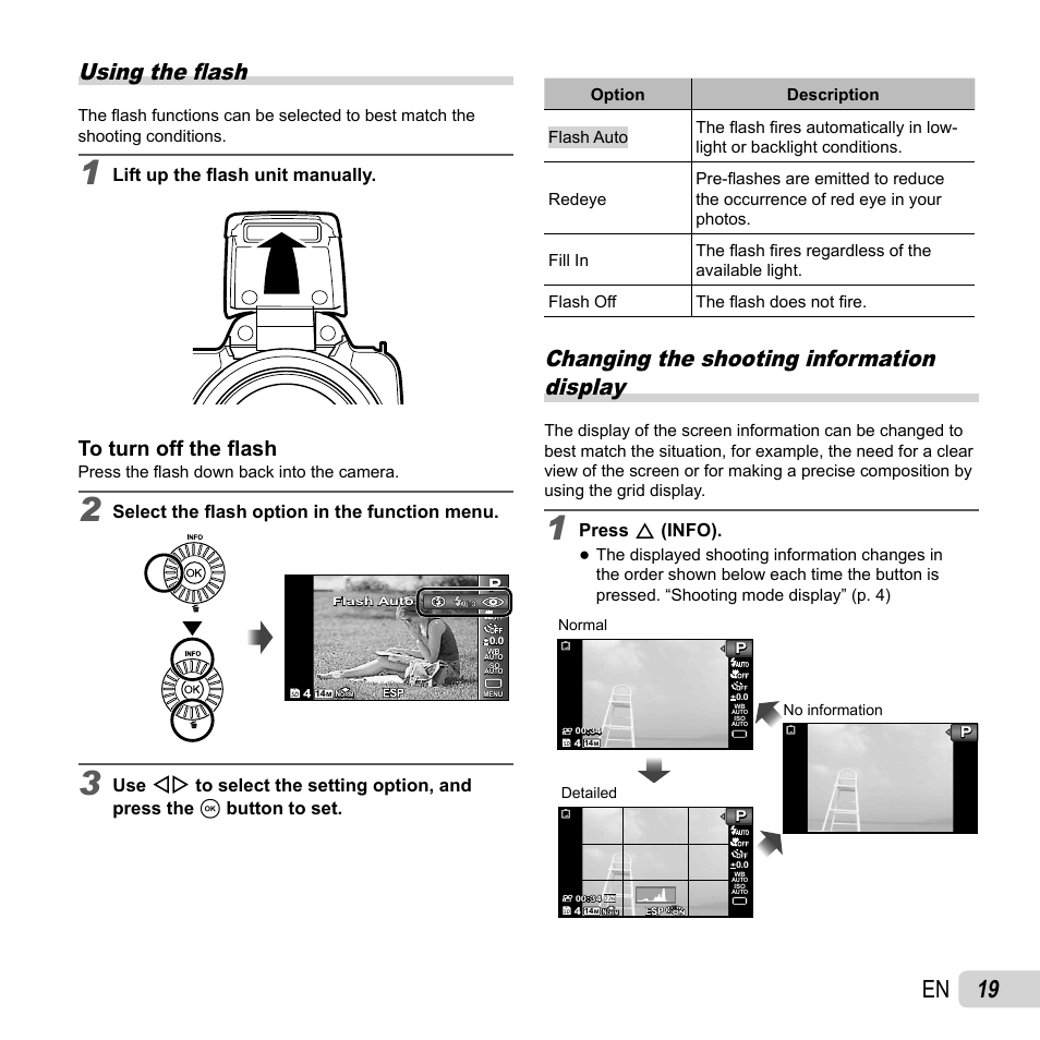 19 en, Using the fl ash, Changing the shooting information display | Lift up the fl ash unit manually, Select the fl ash option in the function menu, Press f (info), Press the fl ash down back into the camera | Olympus SP-810UZ User Manual | Page 19 / 77