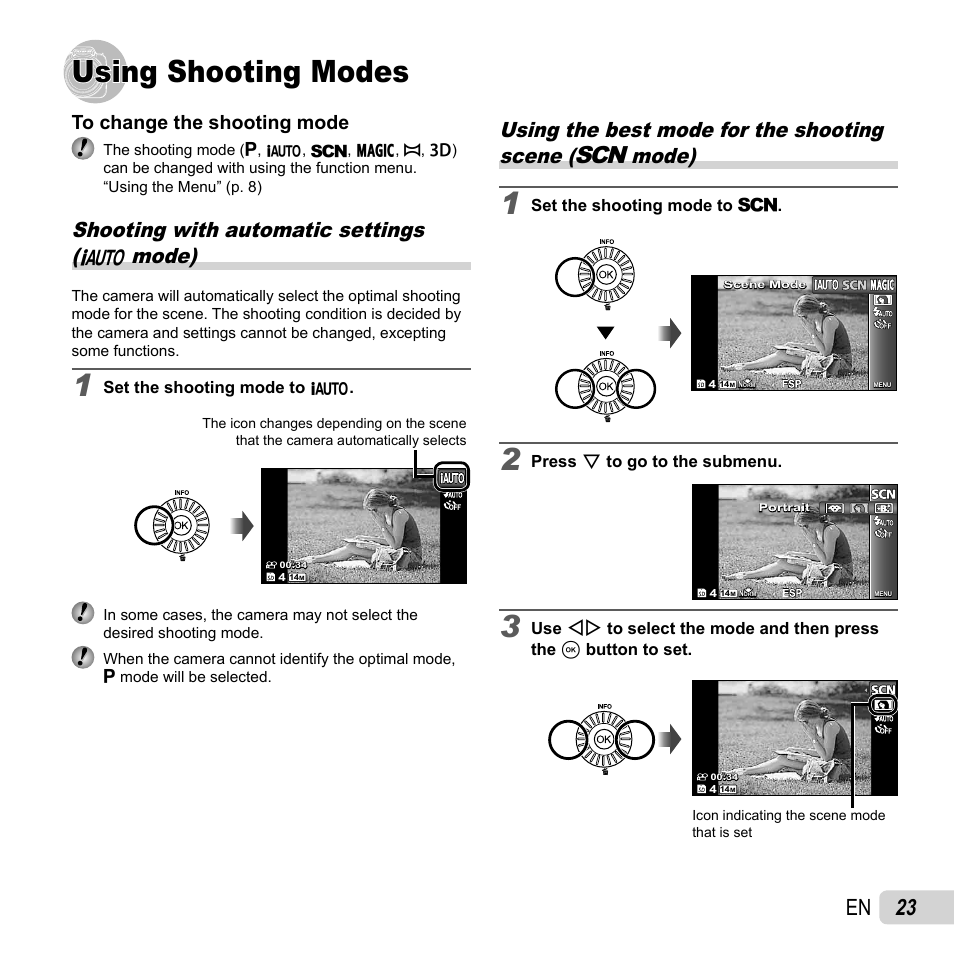 Using shooting modes, 23 en, Shooting with automatic settings ( m mode) | Olympus SP-810UZ User Manual | Page 23 / 77