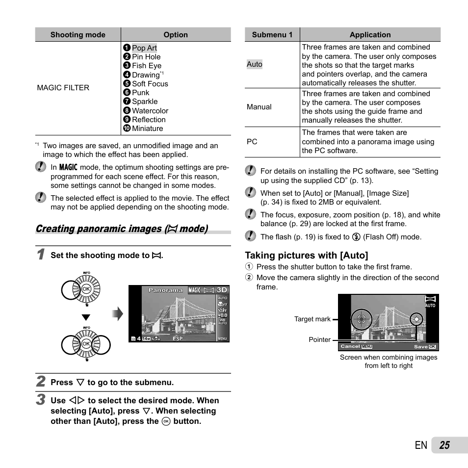 25 en, Creating panoramic images ( p mode), Taking pictures with [auto | Olympus SP-810UZ User Manual | Page 25 / 77