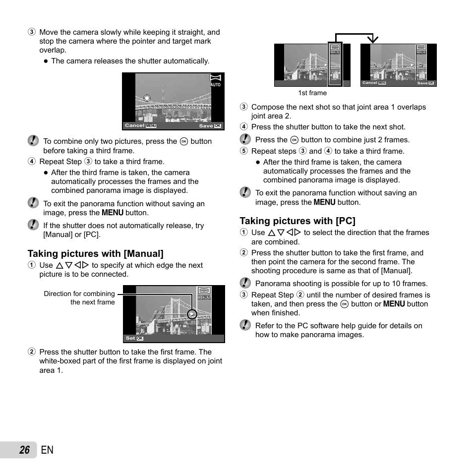 26 en, Taking pictures with [manual, Taking pictures with [pc | Olympus SP-810UZ User Manual | Page 26 / 77