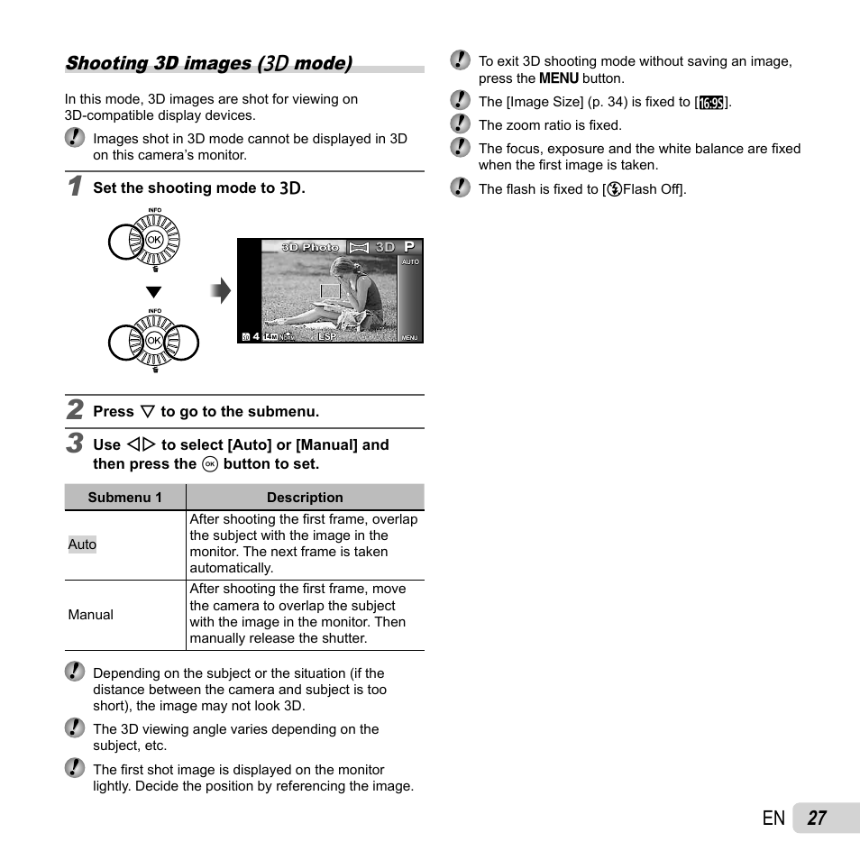 27 en, Shooting 3d images ( w mode) | Olympus SP-810UZ User Manual | Page 27 / 77