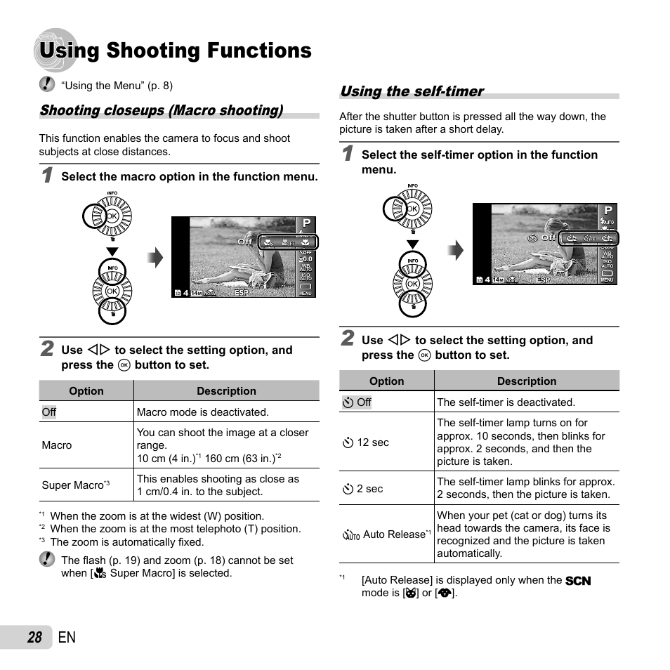 Using shooting functions, 28 en, Shooting closeups (macro shooting) | Using the self-timer, Select the macro option in the function menu, Select the self-timer option in the function menu | Olympus SP-810UZ User Manual | Page 28 / 77