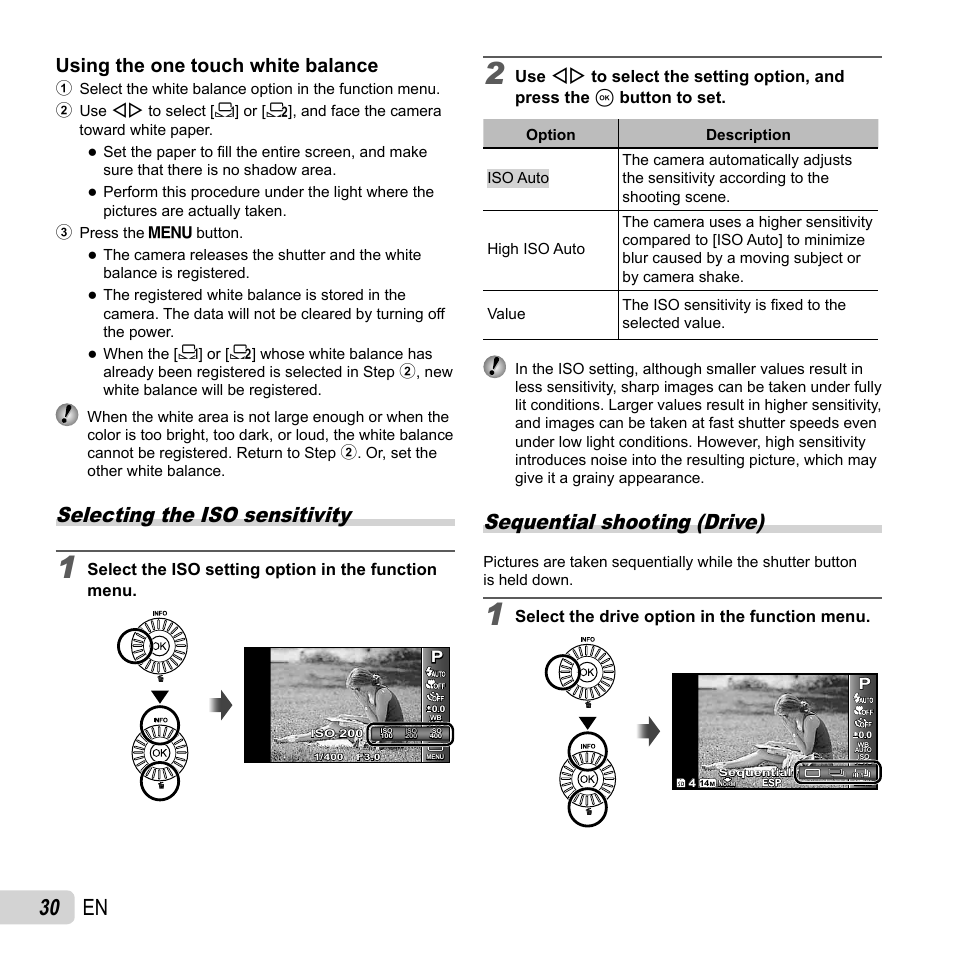 30 en, Selecting the iso sensitivity, Sequential shooting (drive) | Using the one touch white balance, Select the iso setting option in the function menu, Select the drive option in the function menu | Olympus SP-810UZ User Manual | Page 30 / 77