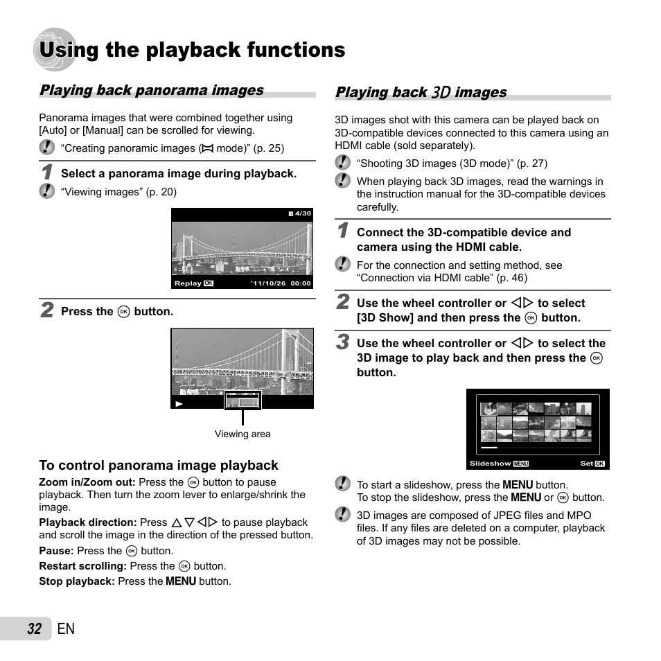 Using the playback functions, 32 en, Playing back panorama images | Playing back w images | Olympus SP-810UZ User Manual | Page 32 / 77