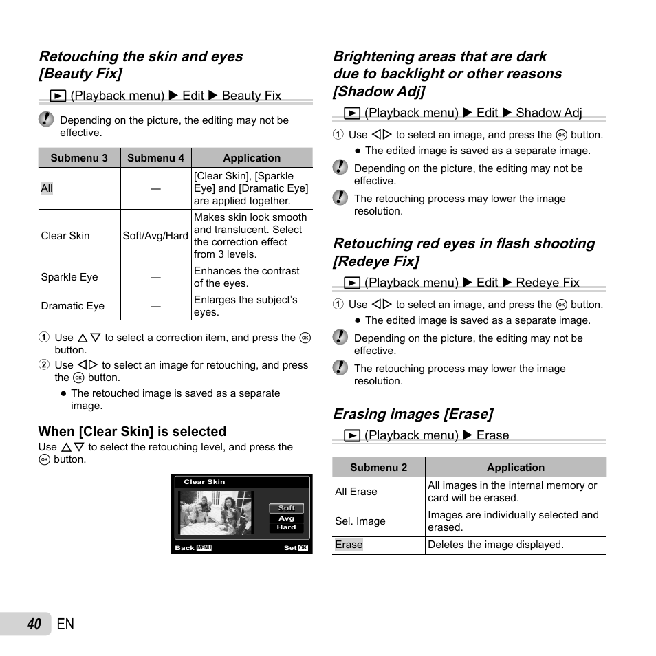 40 en, Erasing images [erase, When [clear skin] is selected | Olympus SP-810UZ User Manual | Page 40 / 77