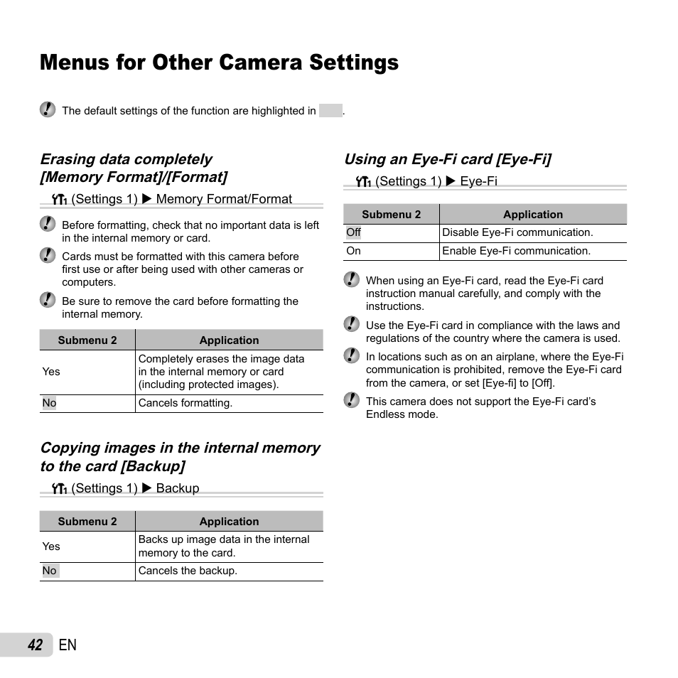 Menus for other camera settings, 42 en, Using an eye-fi card [eye-fi | Olympus SP-810UZ User Manual | Page 42 / 77