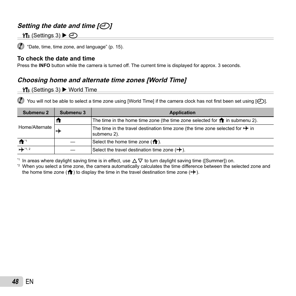 48 en, Setting the date and time, Setting the date and time [ x x | Choosing home and alternate time zones [world time | Olympus SP-810UZ User Manual | Page 48 / 77