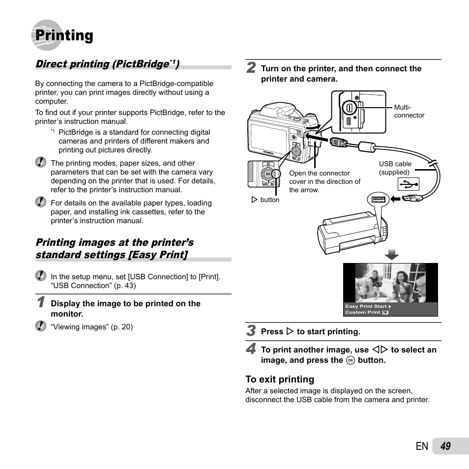 Printing, 49 en, Direct printing (pictbridge | Olympus SP-810UZ User Manual | Page 49 / 77