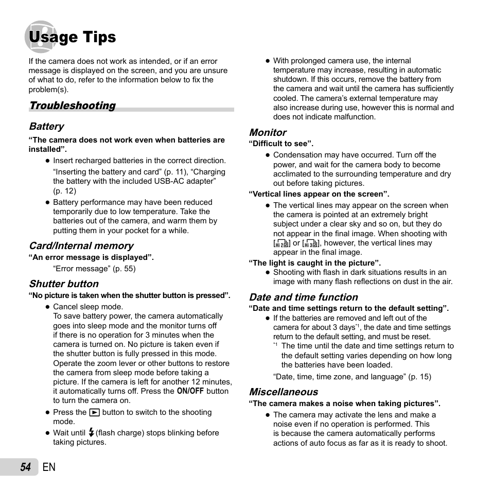 Usage tips, 54 en, Troubleshooting | Battery, Shutter button, Monitor, Date and time function, Miscellaneous | Olympus SP-810UZ User Manual | Page 54 / 77