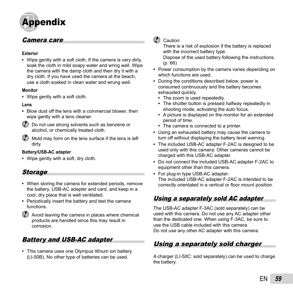 Appendix, 59 en, Camera care | Storage, Battery and usb-ac adapter, Using a separately sold ac adapter, Using a separately sold charger | Olympus SP-810UZ User Manual | Page 59 / 77