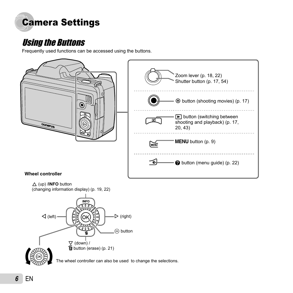 Camera settings, Using the buttons, 6 en | Olympus SP-810UZ User Manual | Page 6 / 77