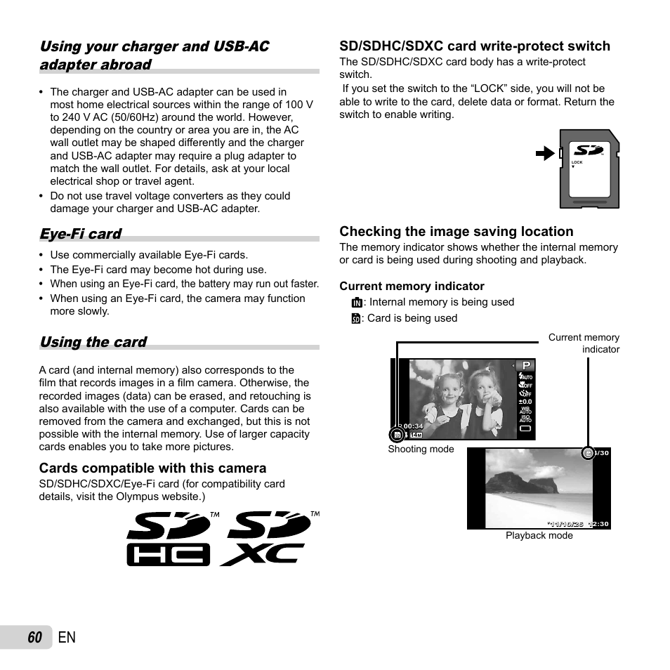 60 en, Using your charger and usb-ac adapter abroad, Eye-fi card | Using the card, Cards compatible with this camera, Sd/sdhc/sdxc card write-protect switch, Checking the image saving location | Olympus SP-810UZ User Manual | Page 60 / 77