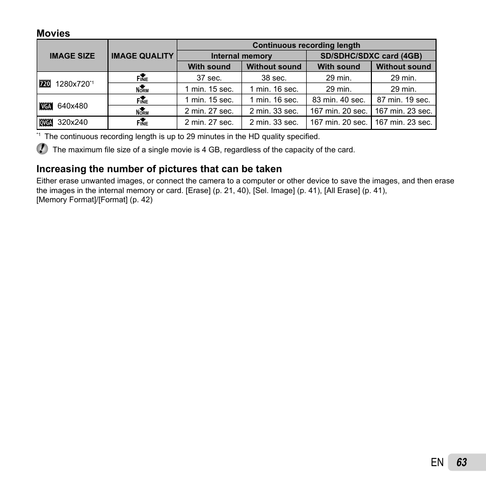 63 en, Movies | Olympus SP-810UZ User Manual | Page 63 / 77