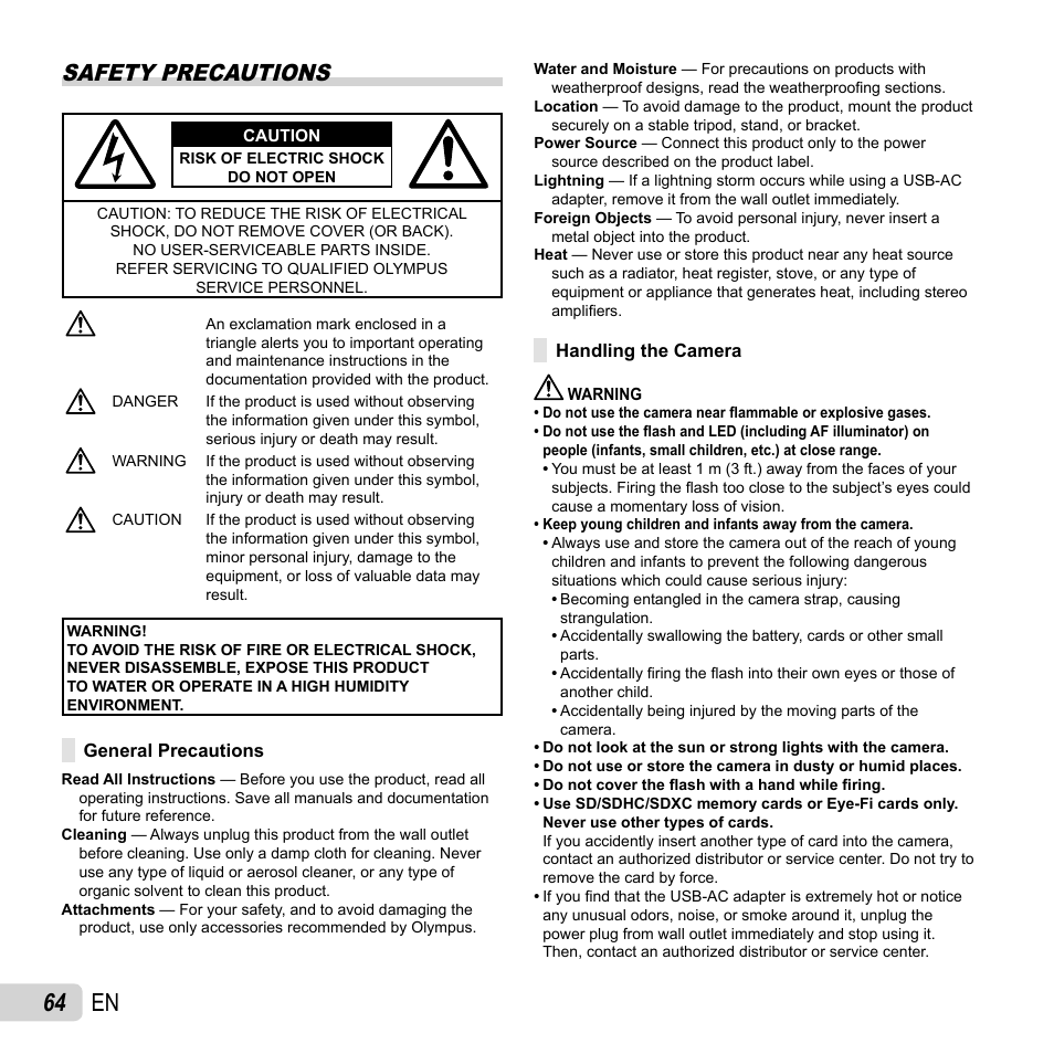 64 en, Safety precautions | Olympus SP-810UZ User Manual | Page 64 / 77