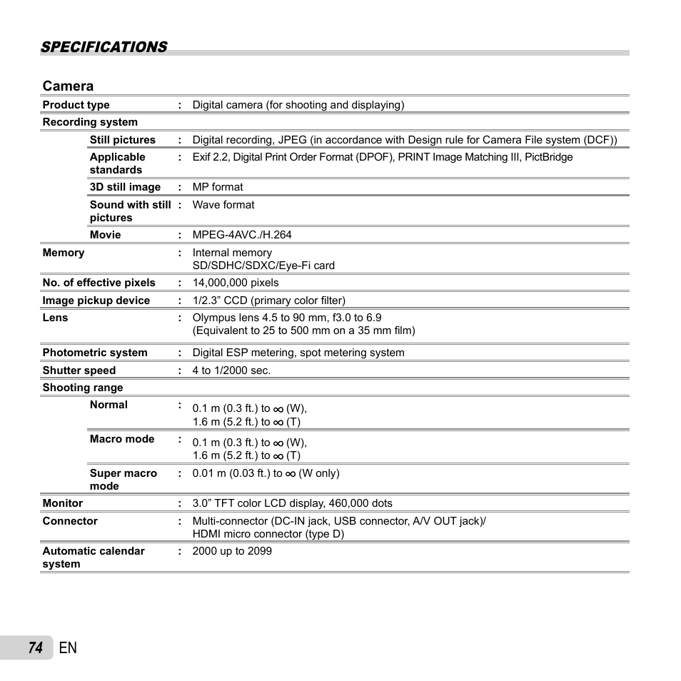 74 en, Specifications, Camera | Olympus SP-810UZ User Manual | Page 74 / 77