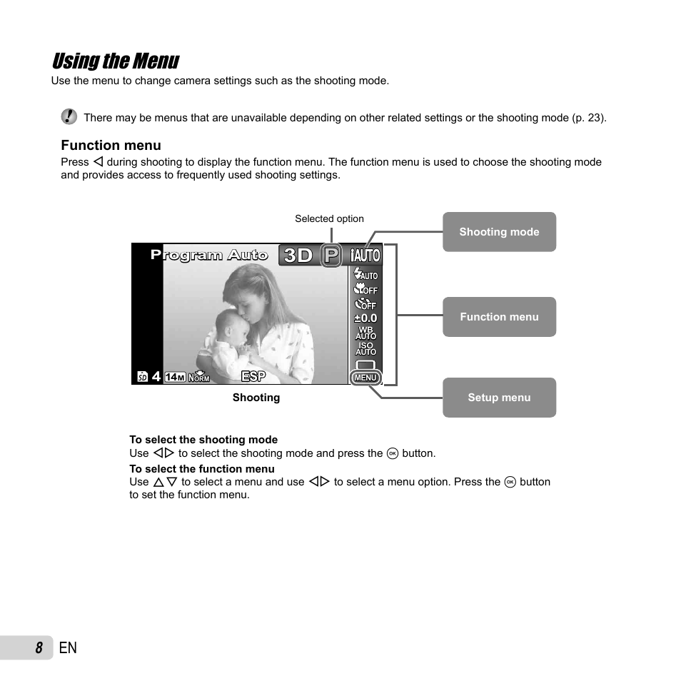 Using the menu, 8 en | Olympus SP-810UZ User Manual | Page 8 / 77