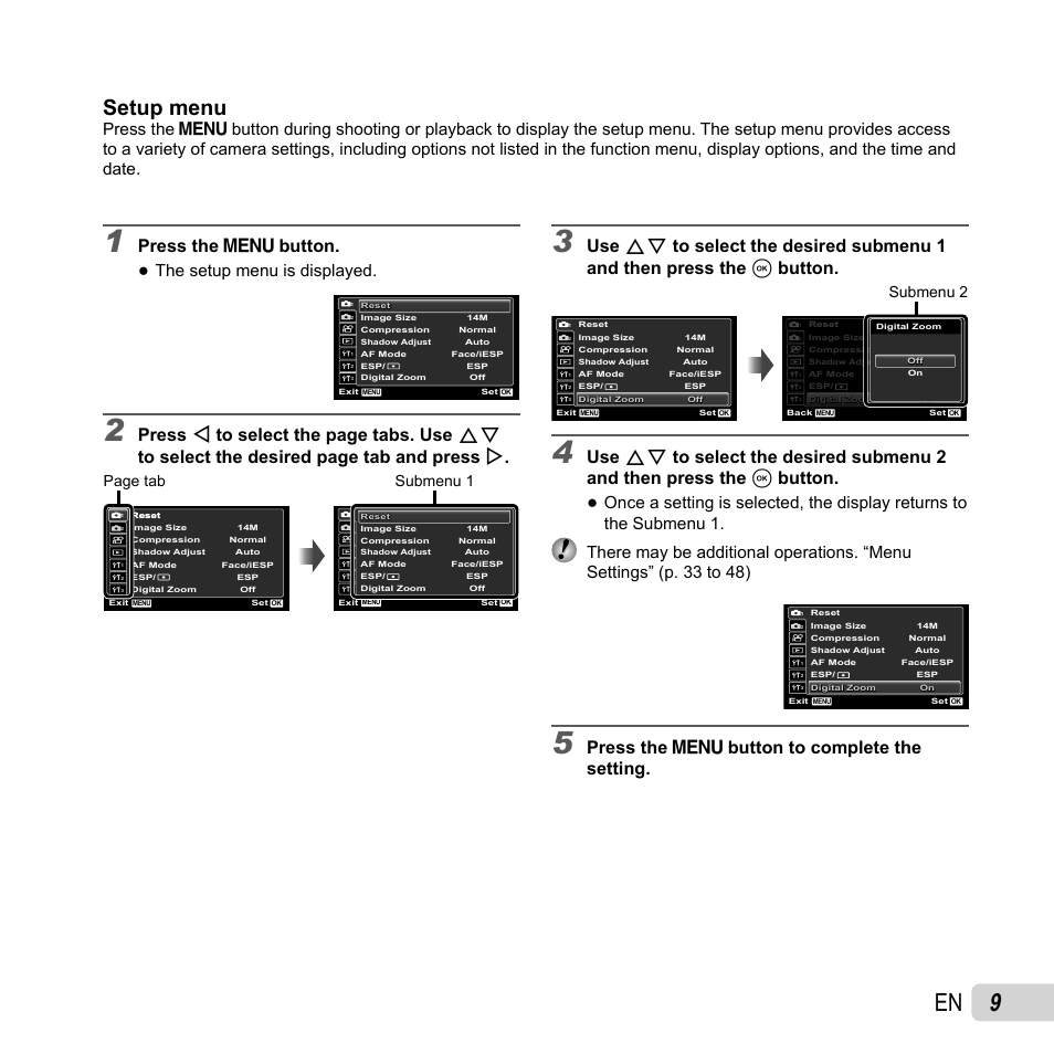 Setup menu, Press the  button, Press the  button to complete the setting | The setup menu is displayed, Page tab, Submenu 1, Submenu 2 | Olympus SP-810UZ User Manual | Page 9 / 77