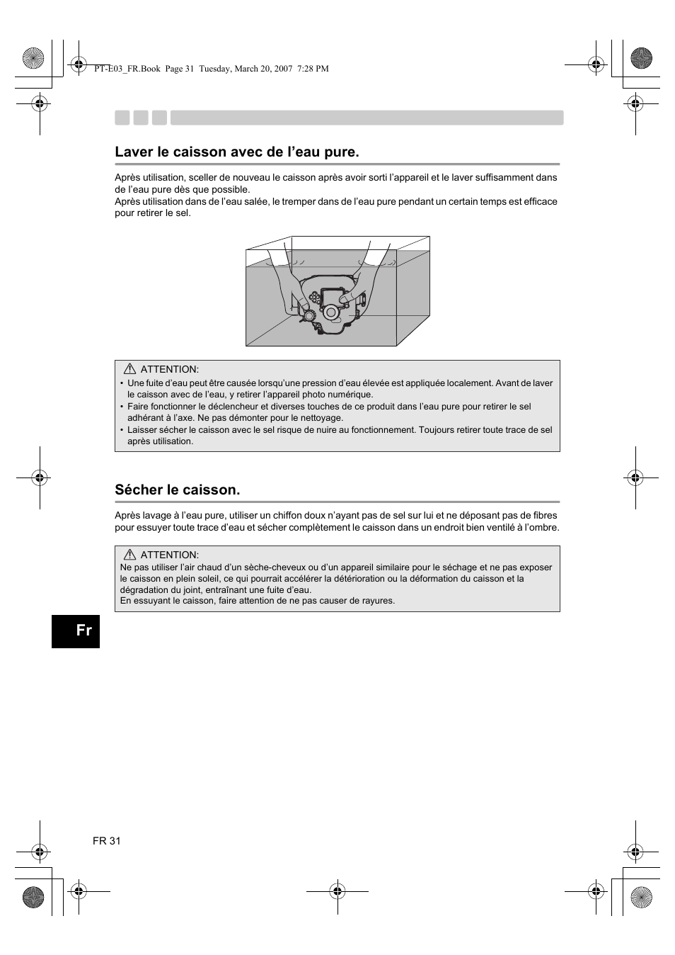 Laver le caisson avec de l’eau pure, Sécher le caisson | Olympus PT E03 User Manual | Page 112 / 284
